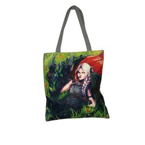 2/$30 Tote Bag Zippered Girl Dragon 13" x 14.5" Pocket Shoulder Bag Gray Red Pur